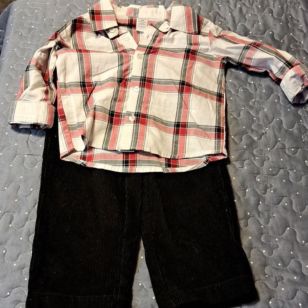 George plaid button down and black corduroy pants size 18M